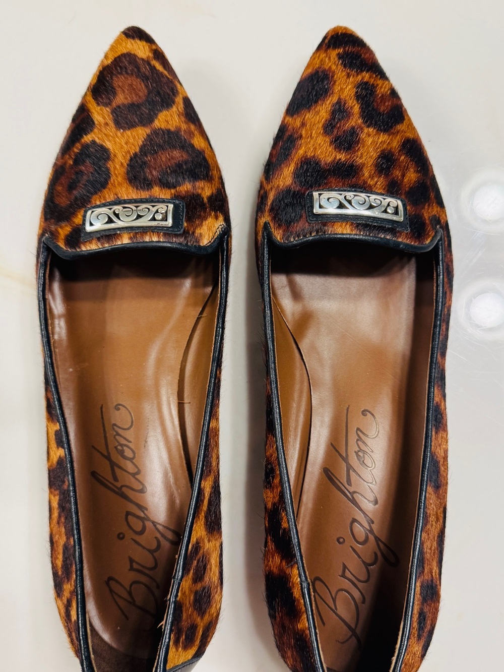 Brighton Leopard-Print Pointed Flats in Brown and Black pony
